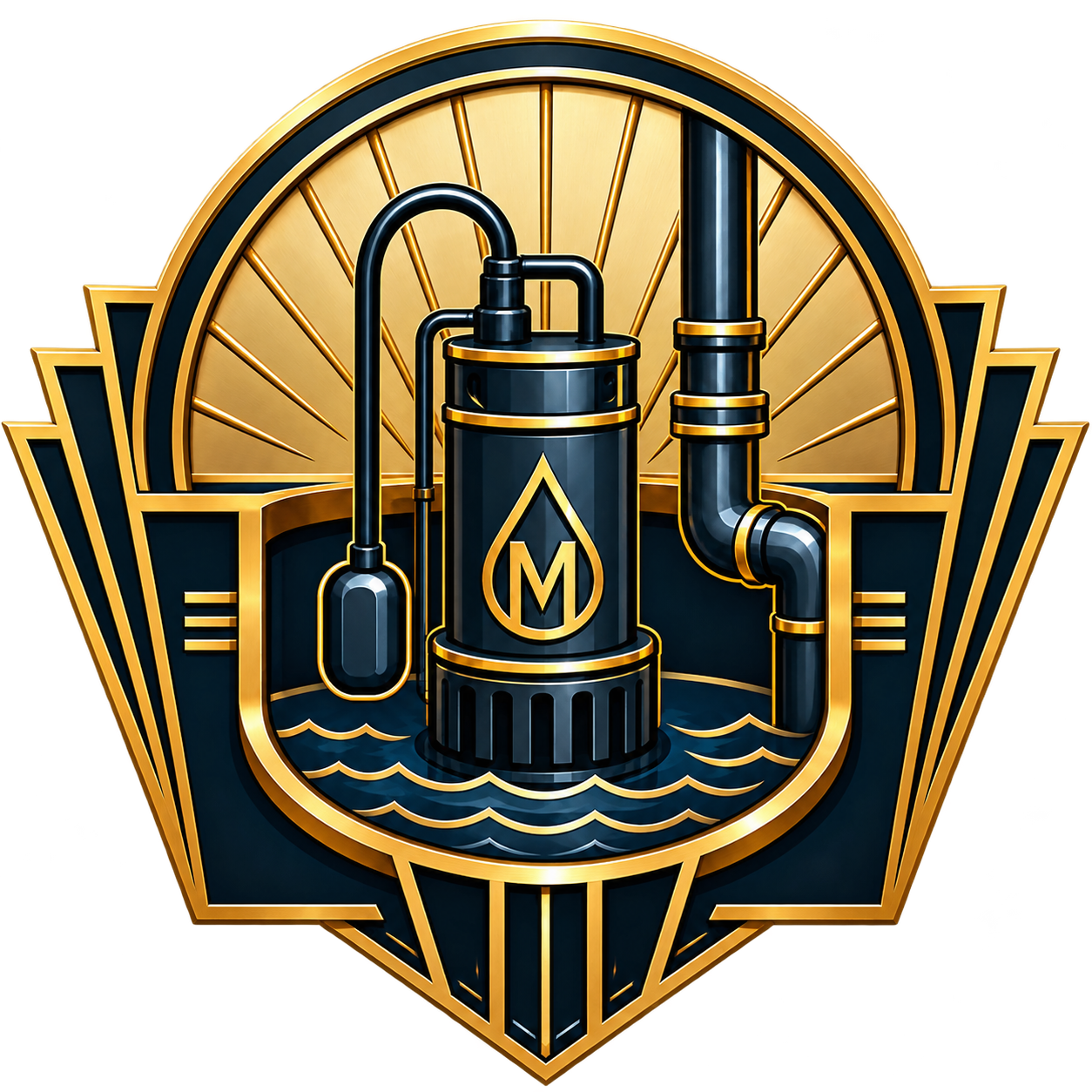 Navy and brass art deco sump pump crest in a water-filled basin