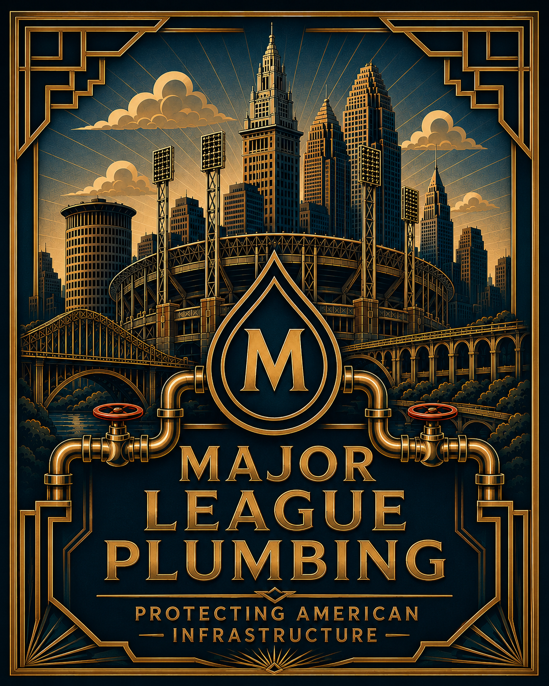 Art deco poster of the Cleveland skyline and ballpark with brass plumbing pipes and the Major League Plumbing emblem